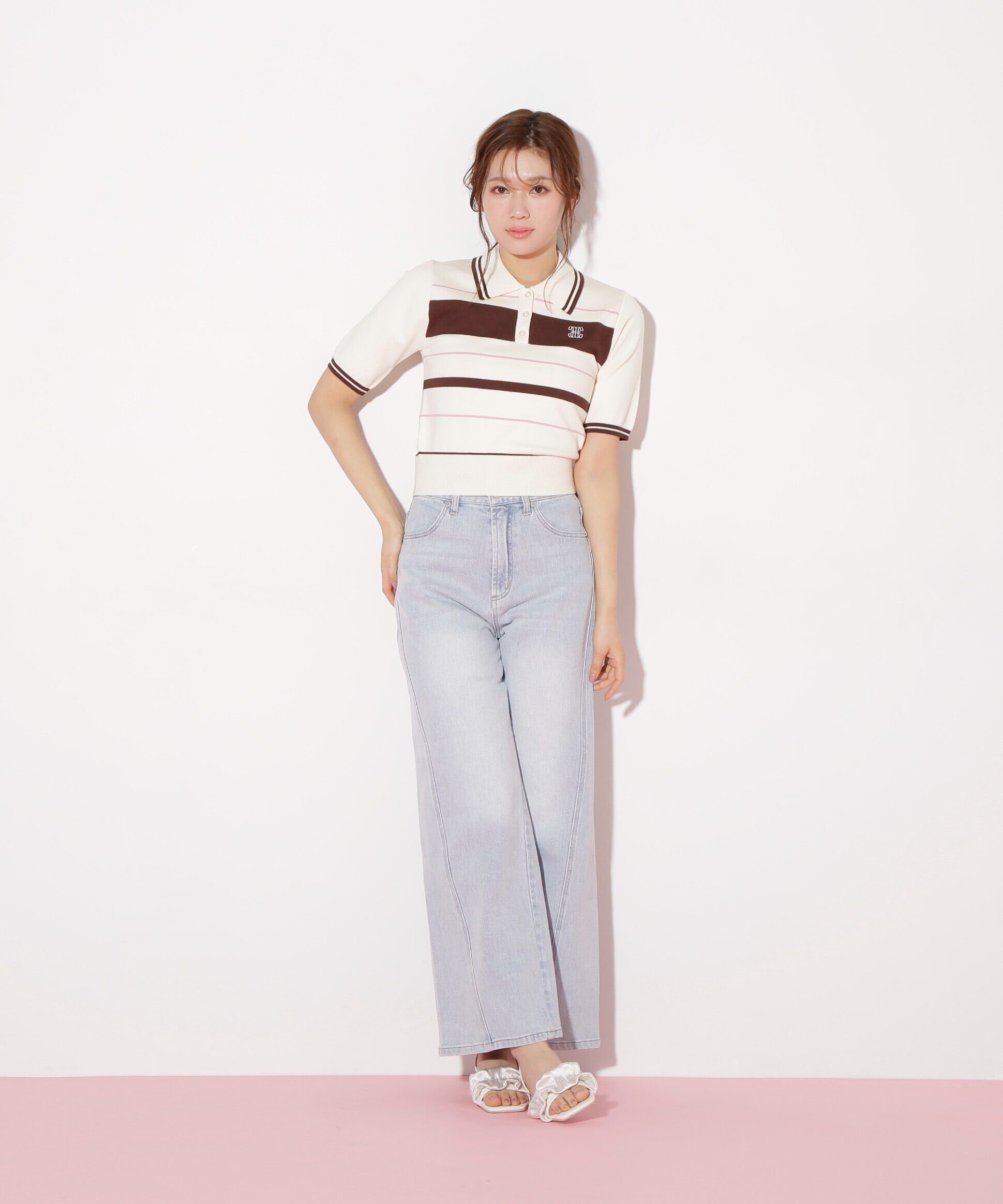  「バイカラーポロシャツ五分袖ニット」|ニット・セーター|