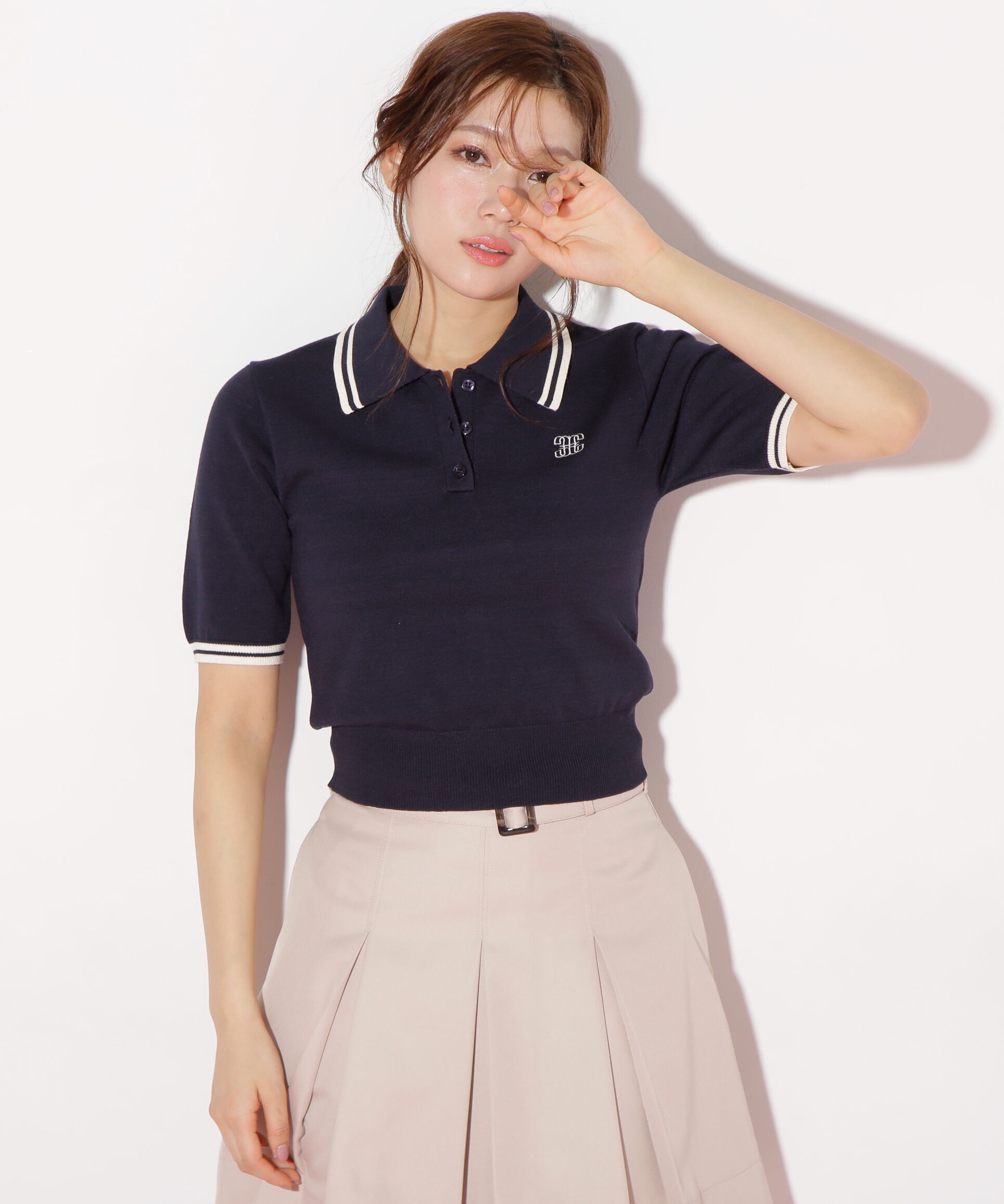  「バイカラーポロシャツ五分袖ニット」|ニット・セーター|