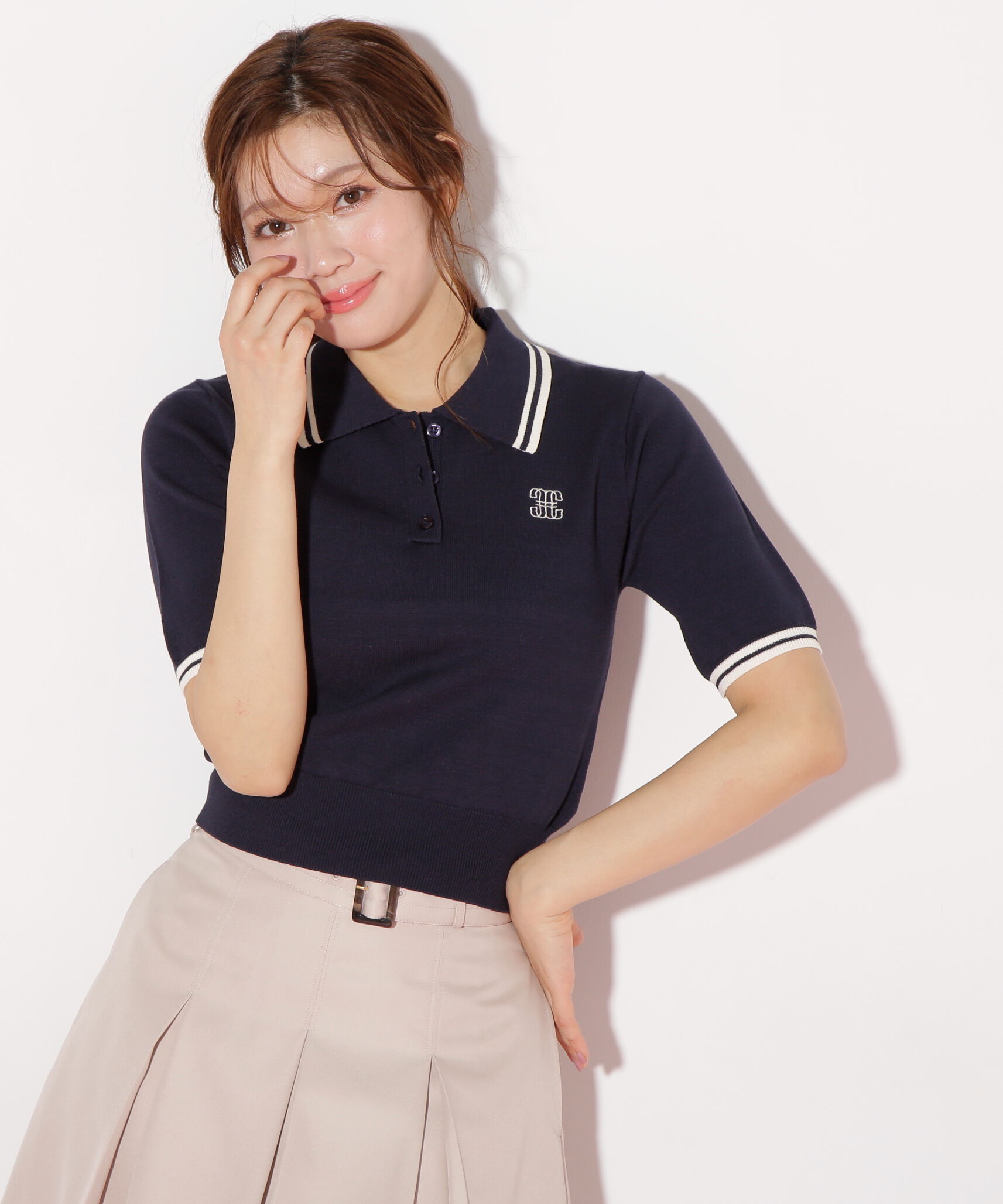  「バイカラーポロシャツ五分袖ニット」|ニット・セーター|