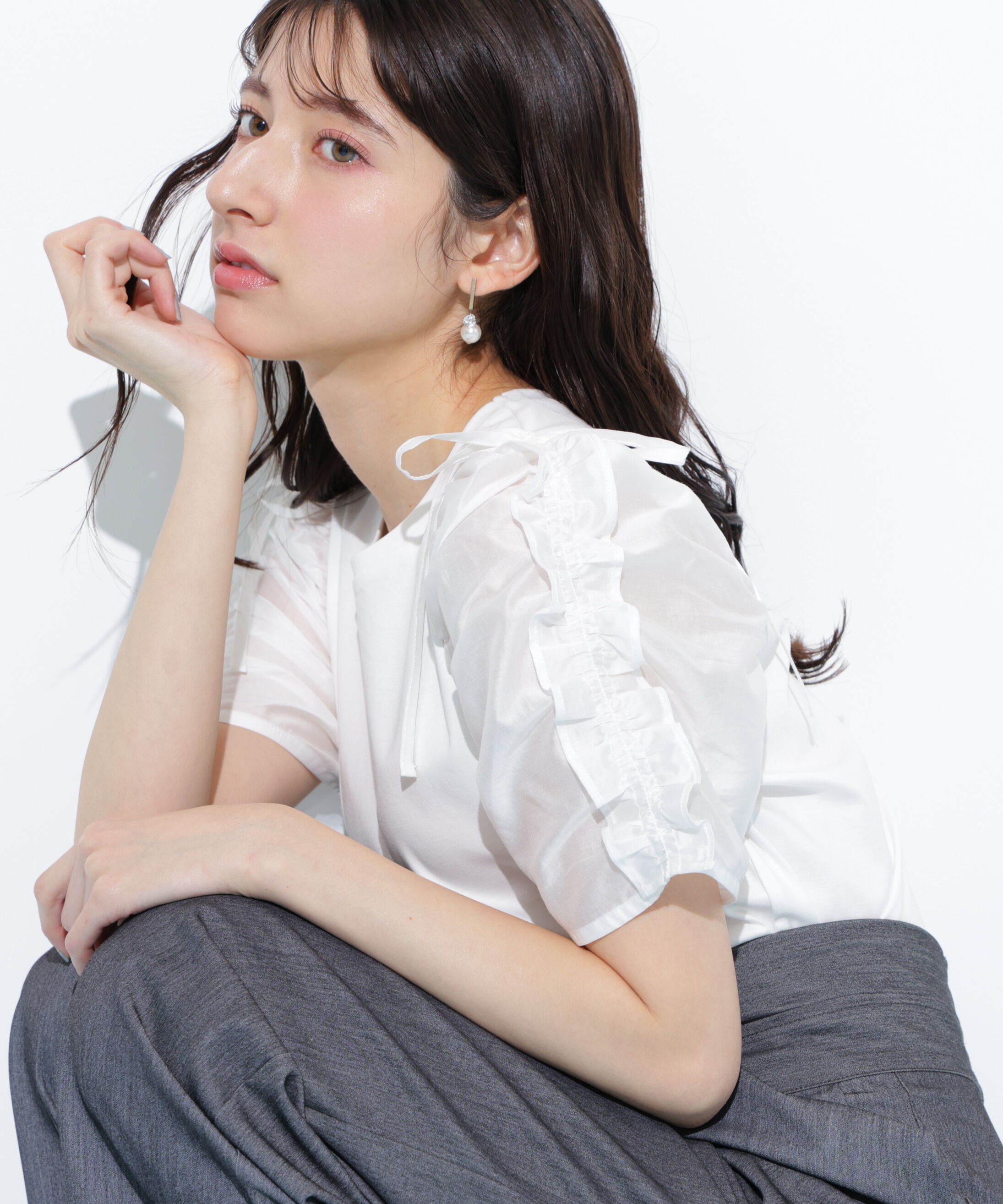  「袖ボリュームリボンTシャツ」|Tシャツ・カットソー|