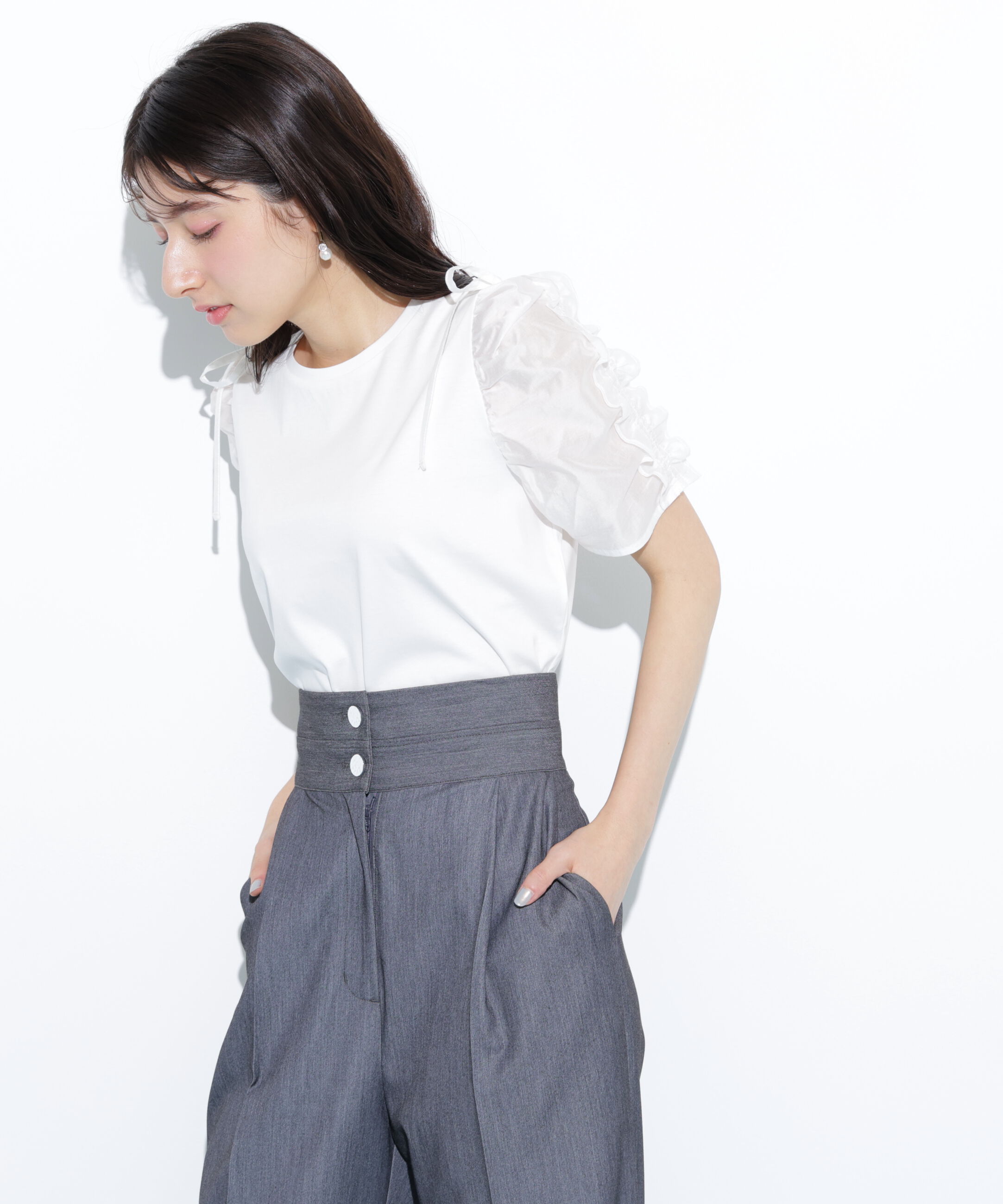  「袖ボリュームリボンTシャツ」|Tシャツ・カットソー|