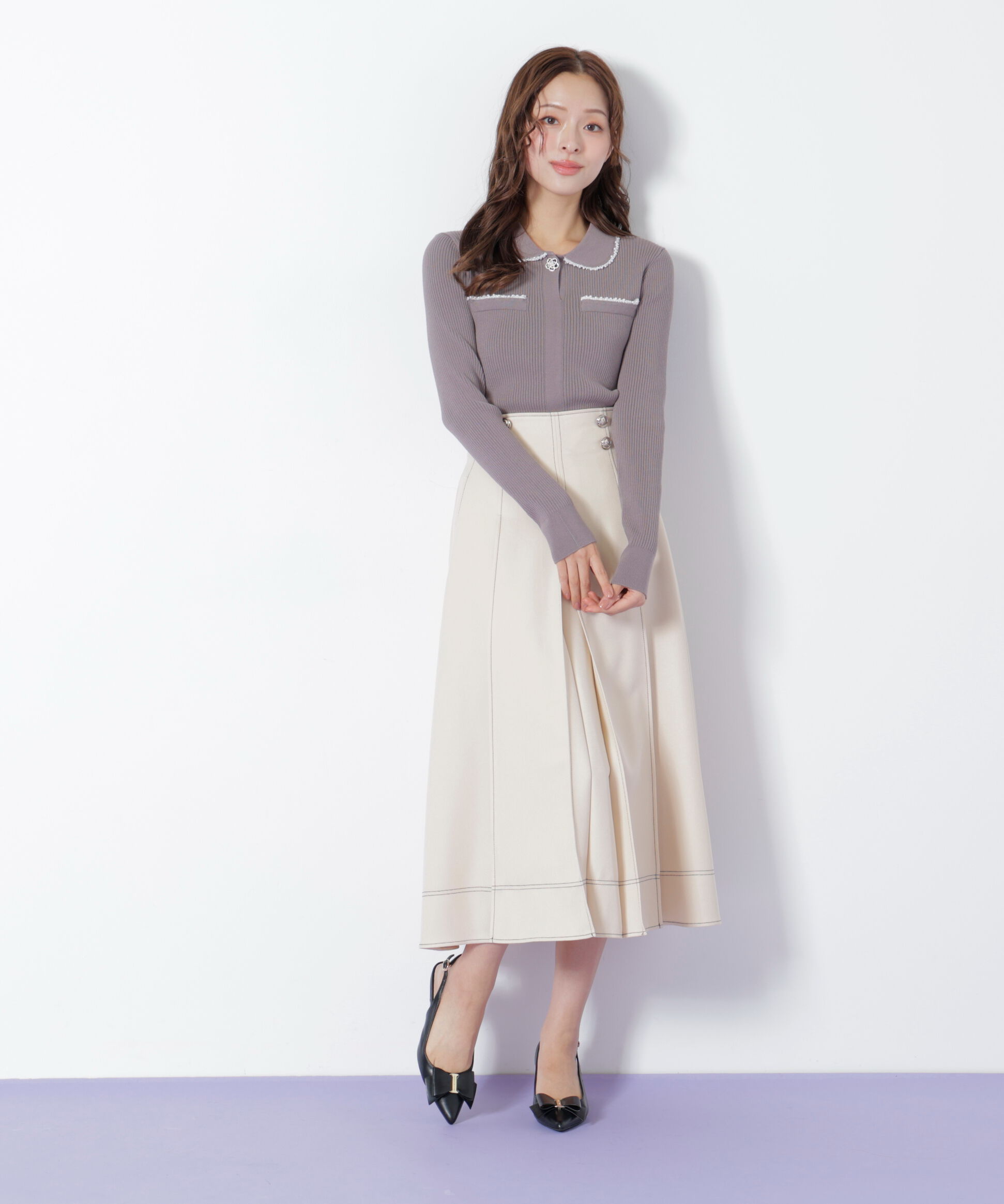  「フロント釦配色ステッチスカート」|スカート|