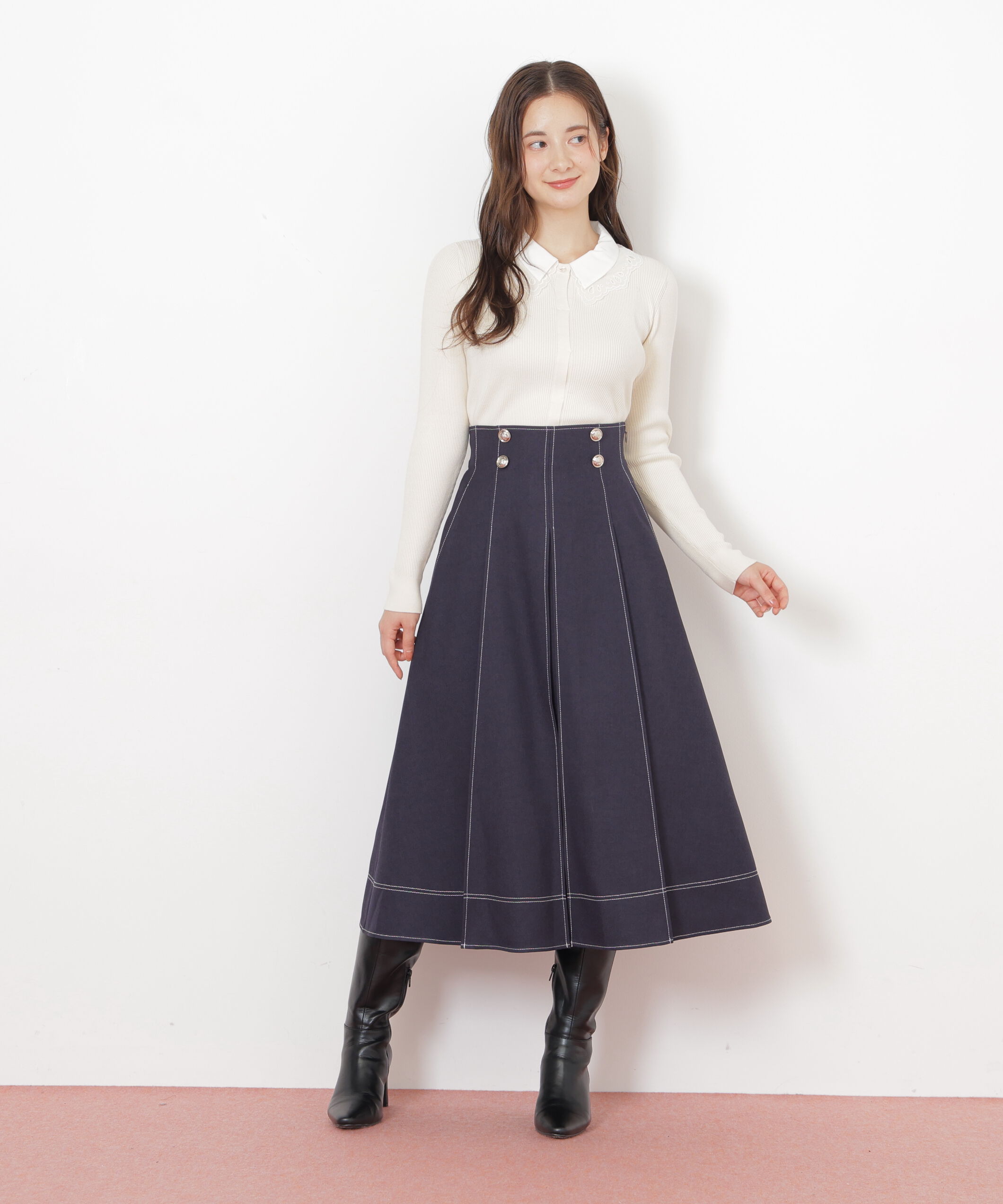  「フロント釦配色ステッチスカート」|スカート|