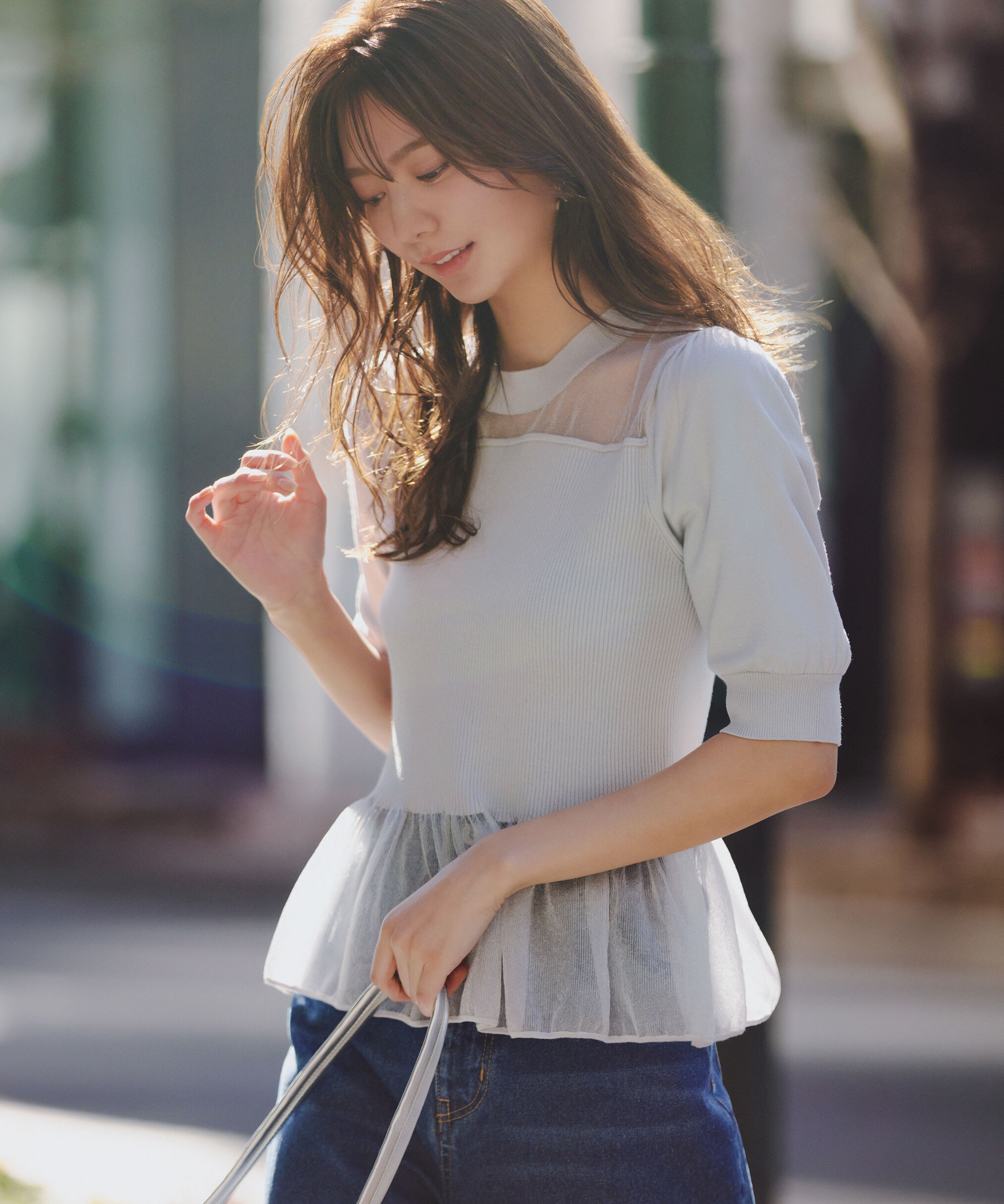 PROPORTION BODY DRESSING「シアー切り替えペプラムニット」|ニット・セーター|ライトブルー