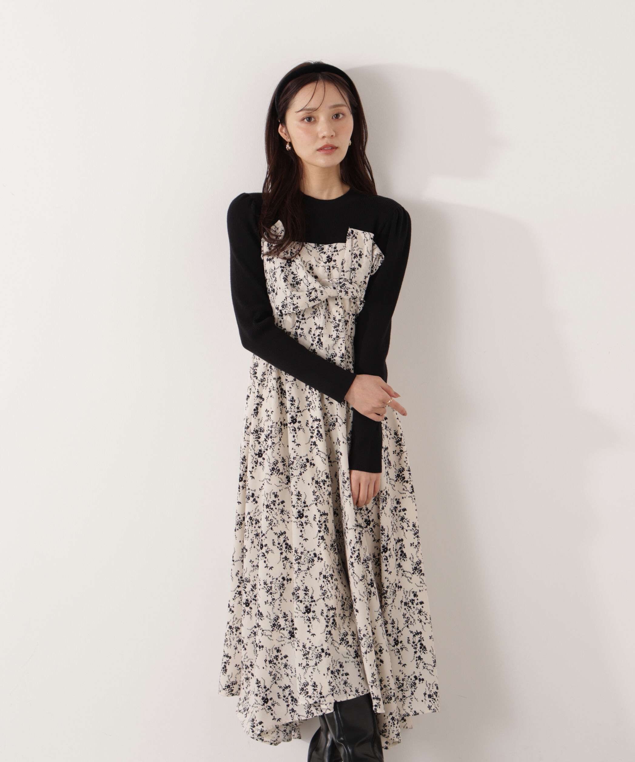 PROPORTION BODY DRESSING「フロントリボン花柄ドッキングワンピース　26SS」|ワンピース|ブラック&times;ベー