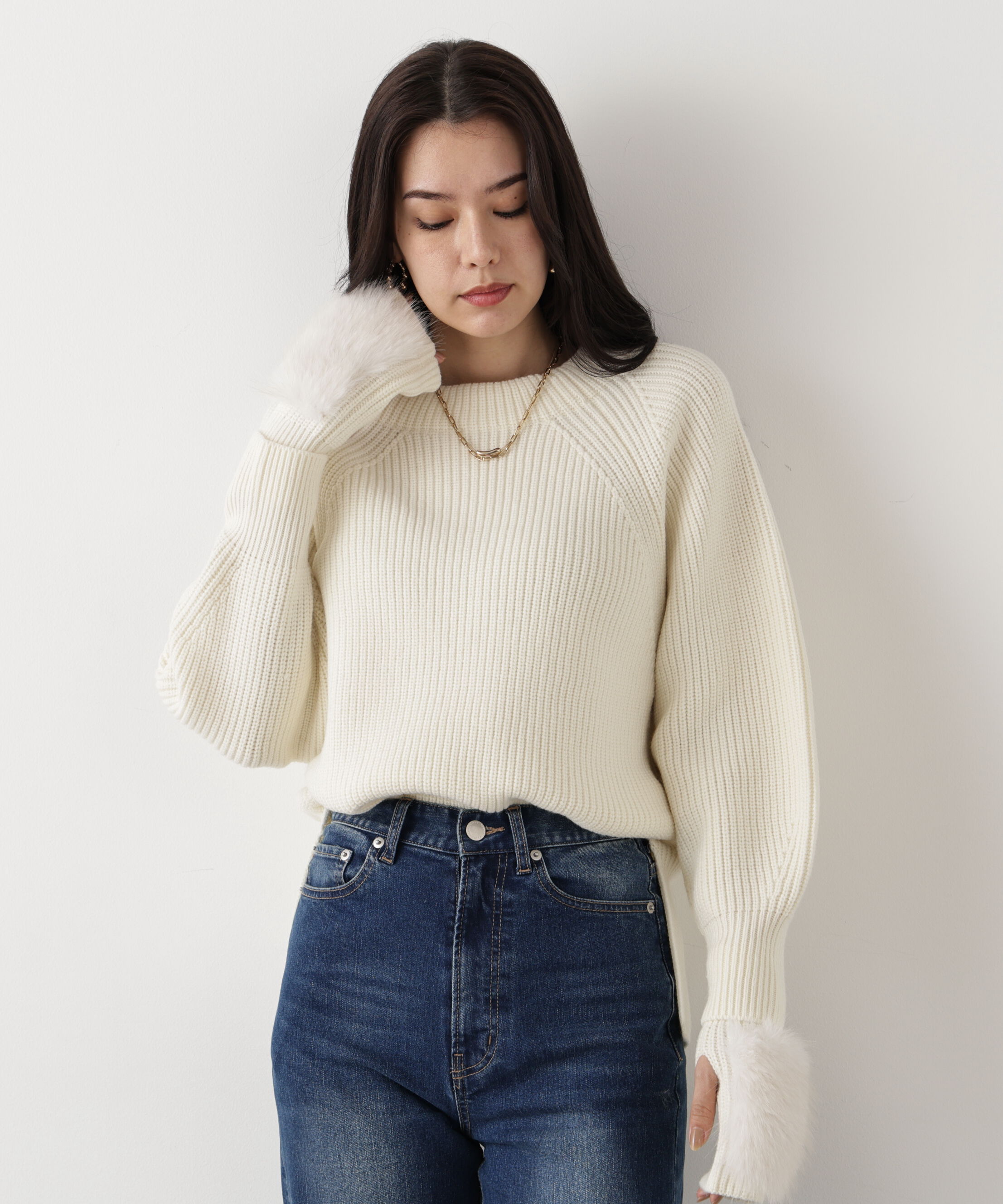  「◆ファーグローブ付き畦ニットプルオーバー」|ニット・セーター|