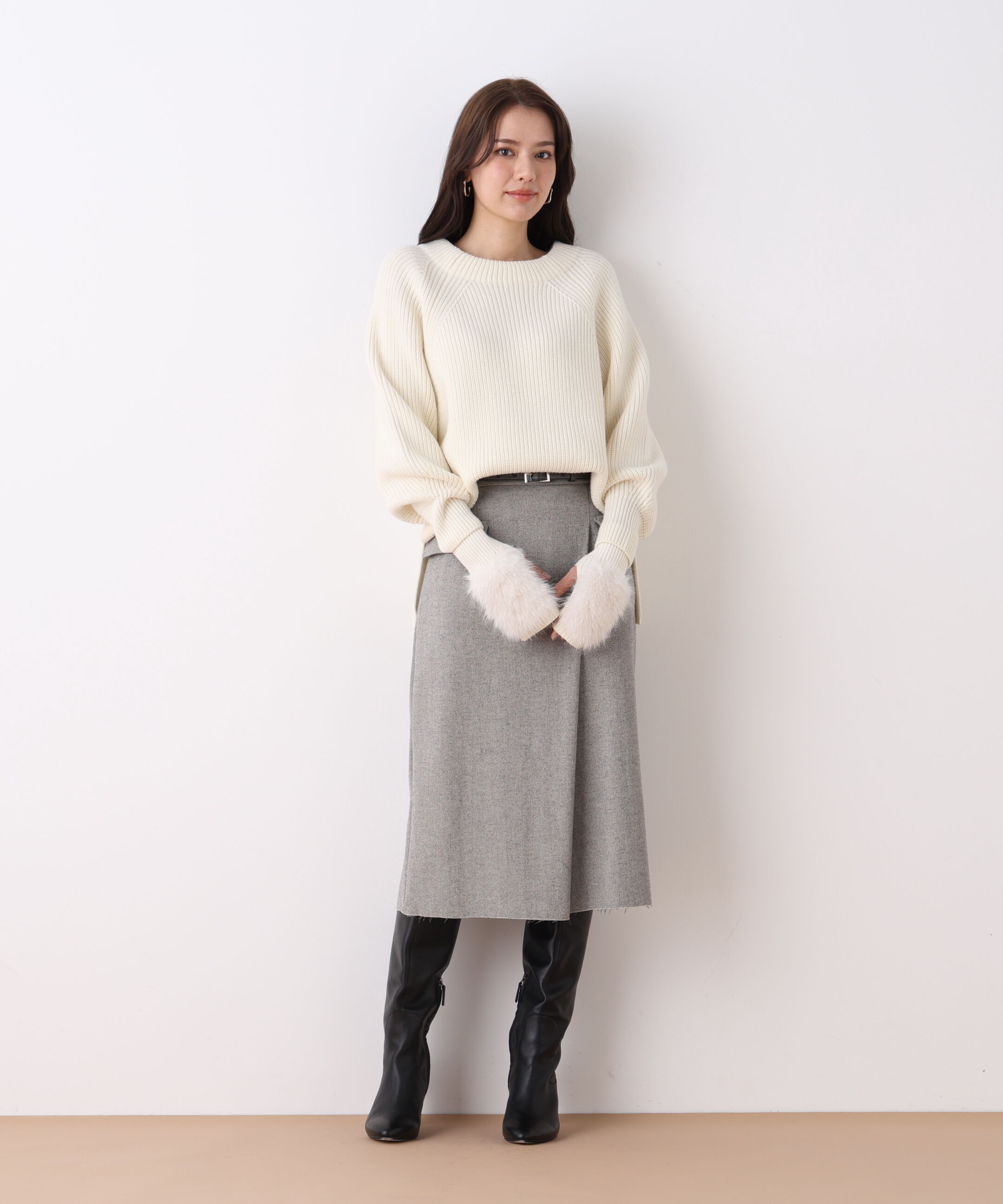  「◆ファーグローブ付き畦ニットプルオーバー」|ニット・セーター|