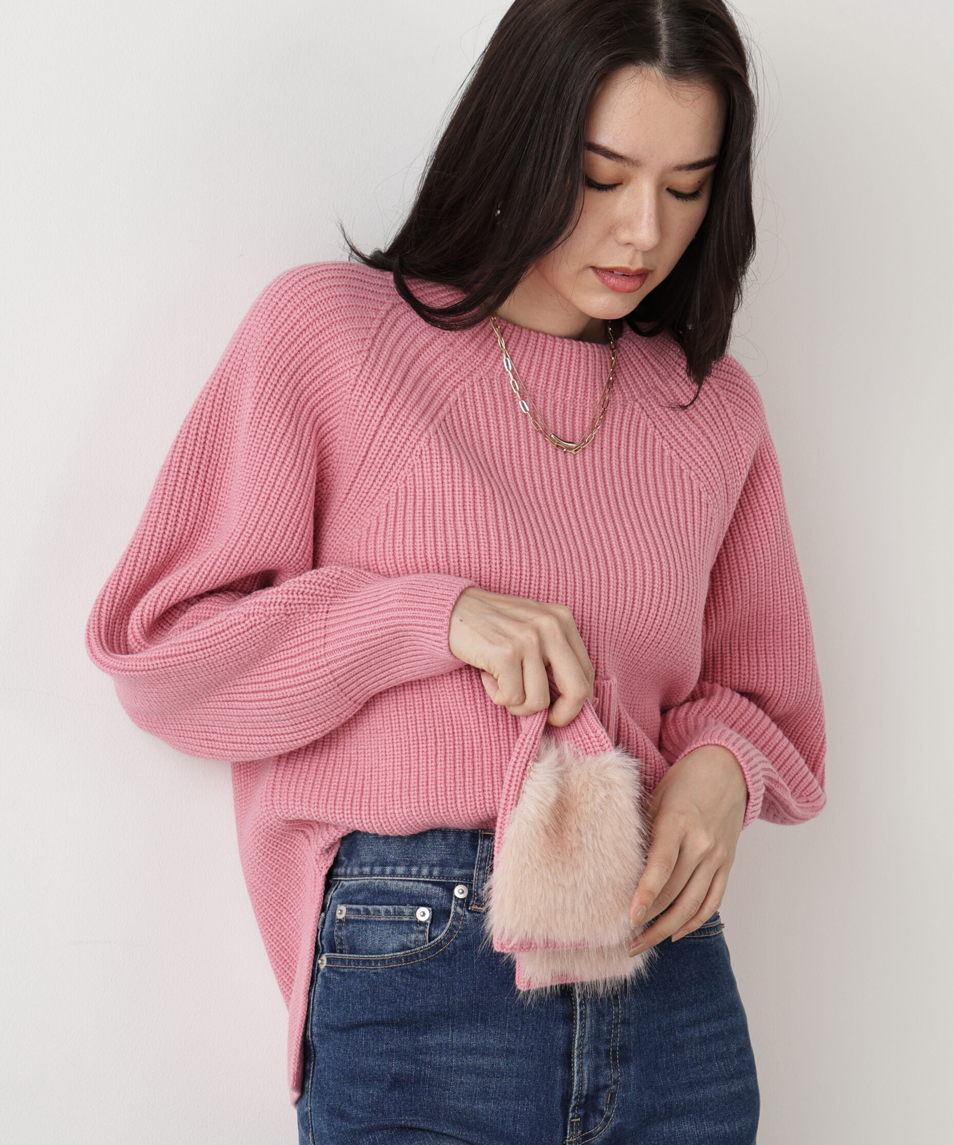  「◆ファーグローブ付き畦ニットプルオーバー」|ニット・セーター|