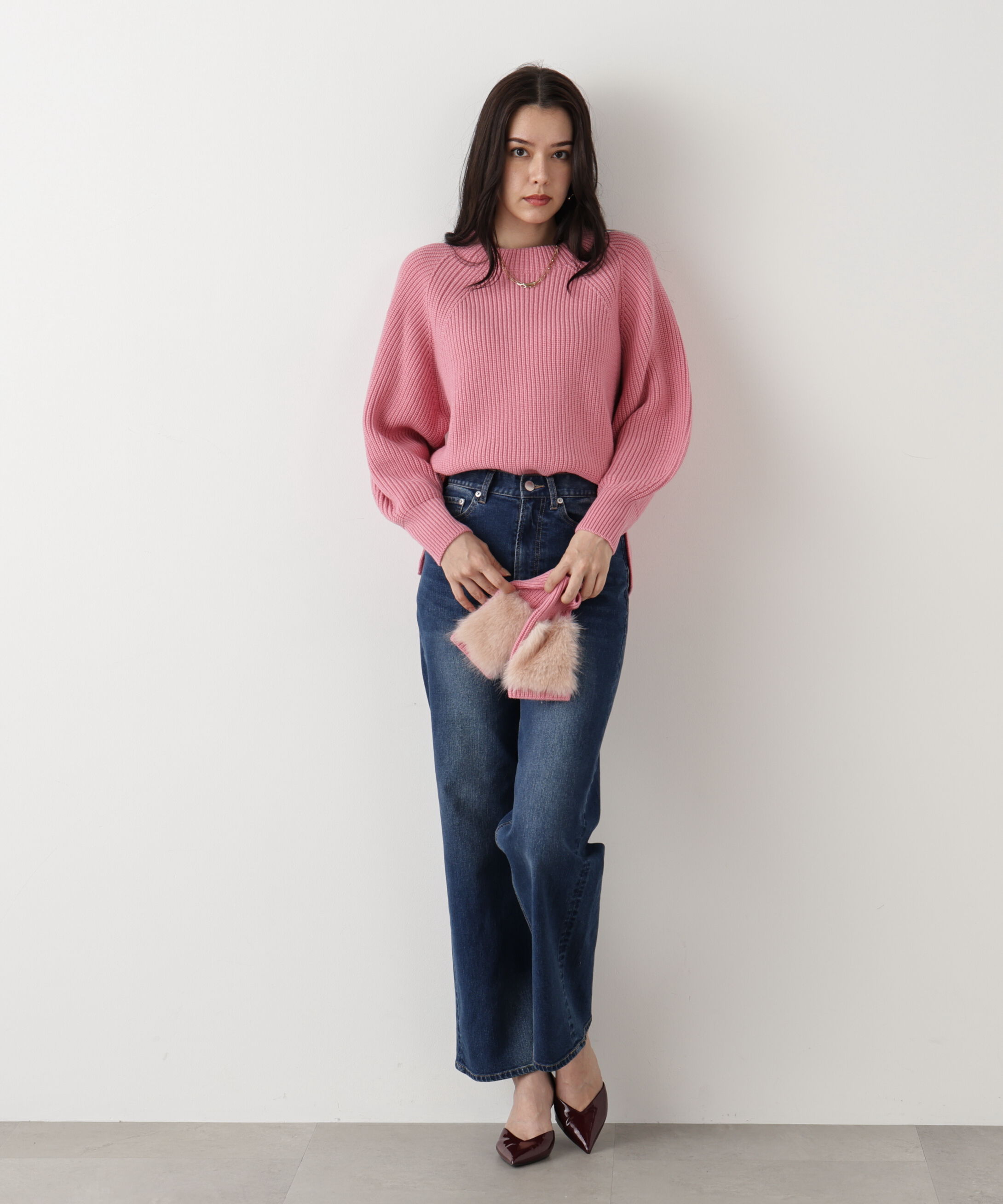  「◆ファーグローブ付き畦ニットプルオーバー」|ニット・セーター|