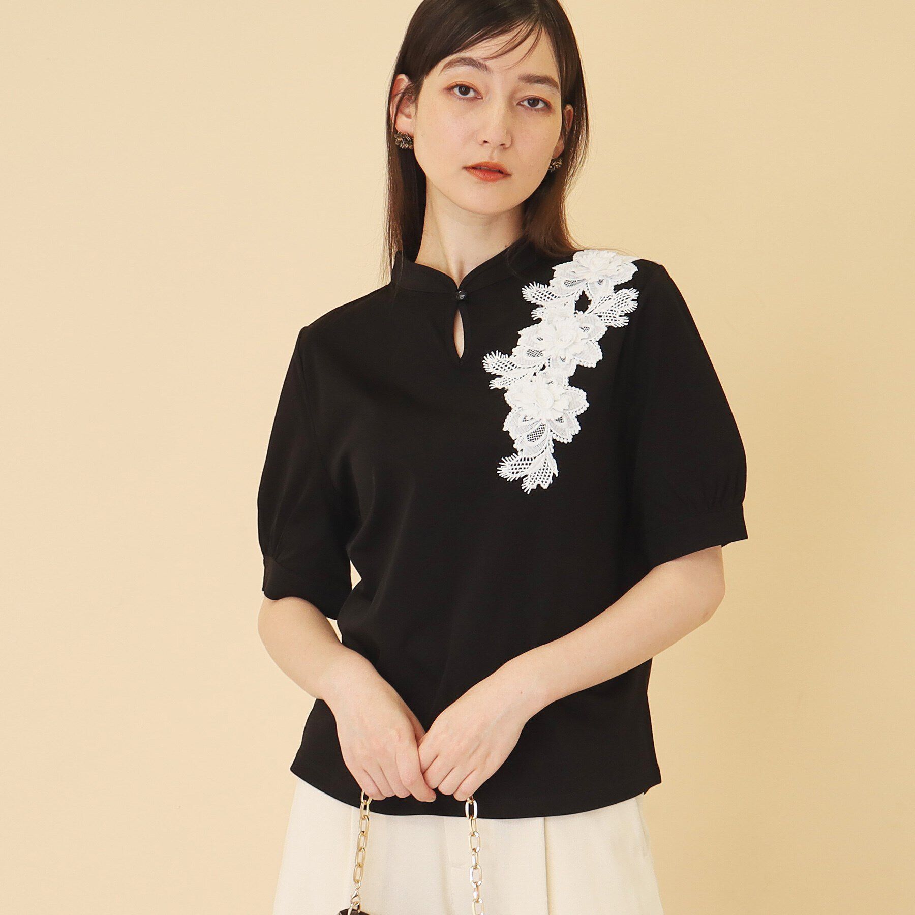 SunaUna「【新色ネイビー追加／チャイナカラー】5分袖カットソー」|Tシャツ・カットソー|ﾌﾞﾗｯｸ(019)