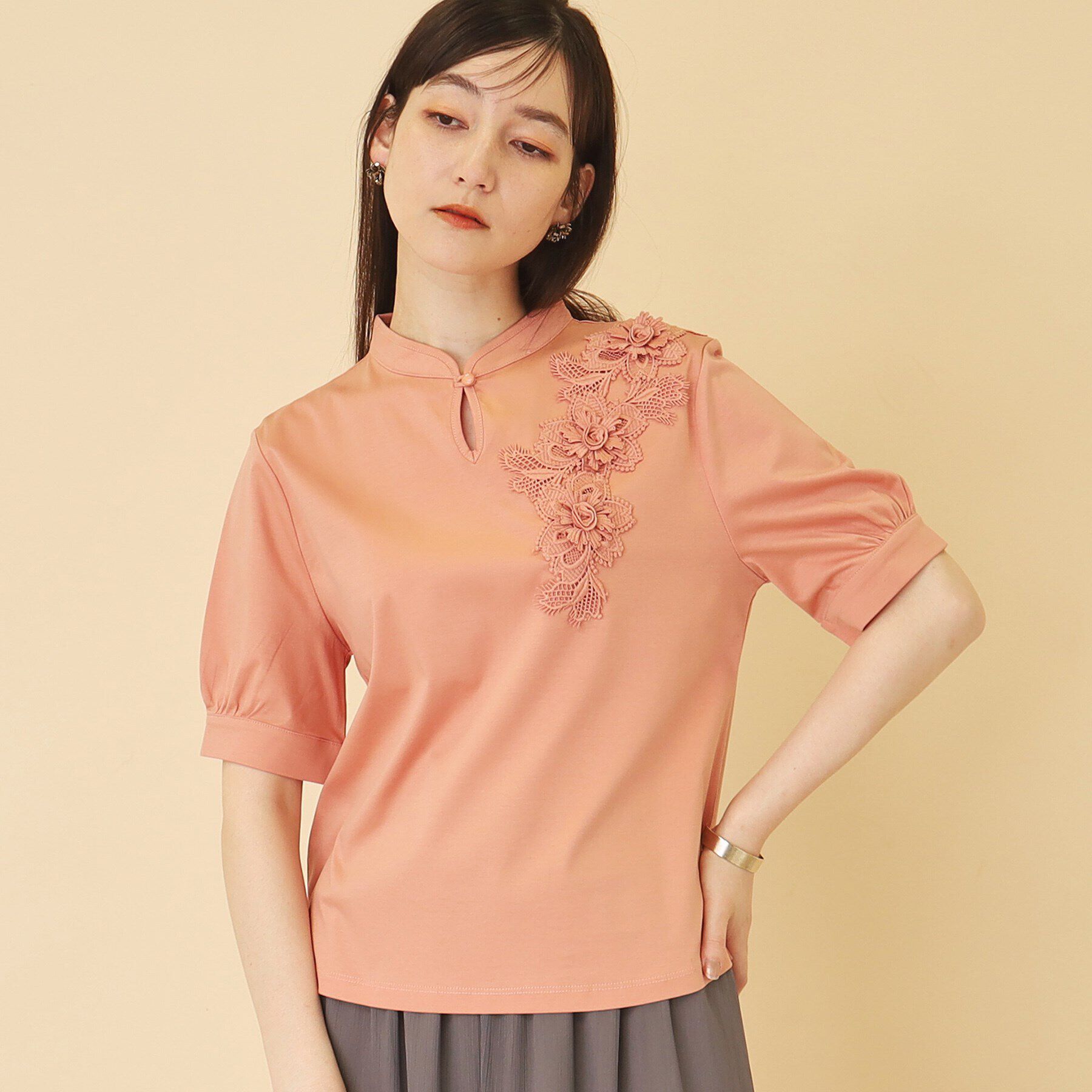 SunaUna「【新色ネイビー追加／チャイナカラー】5分袖カットソー」|Tシャツ・カットソー|