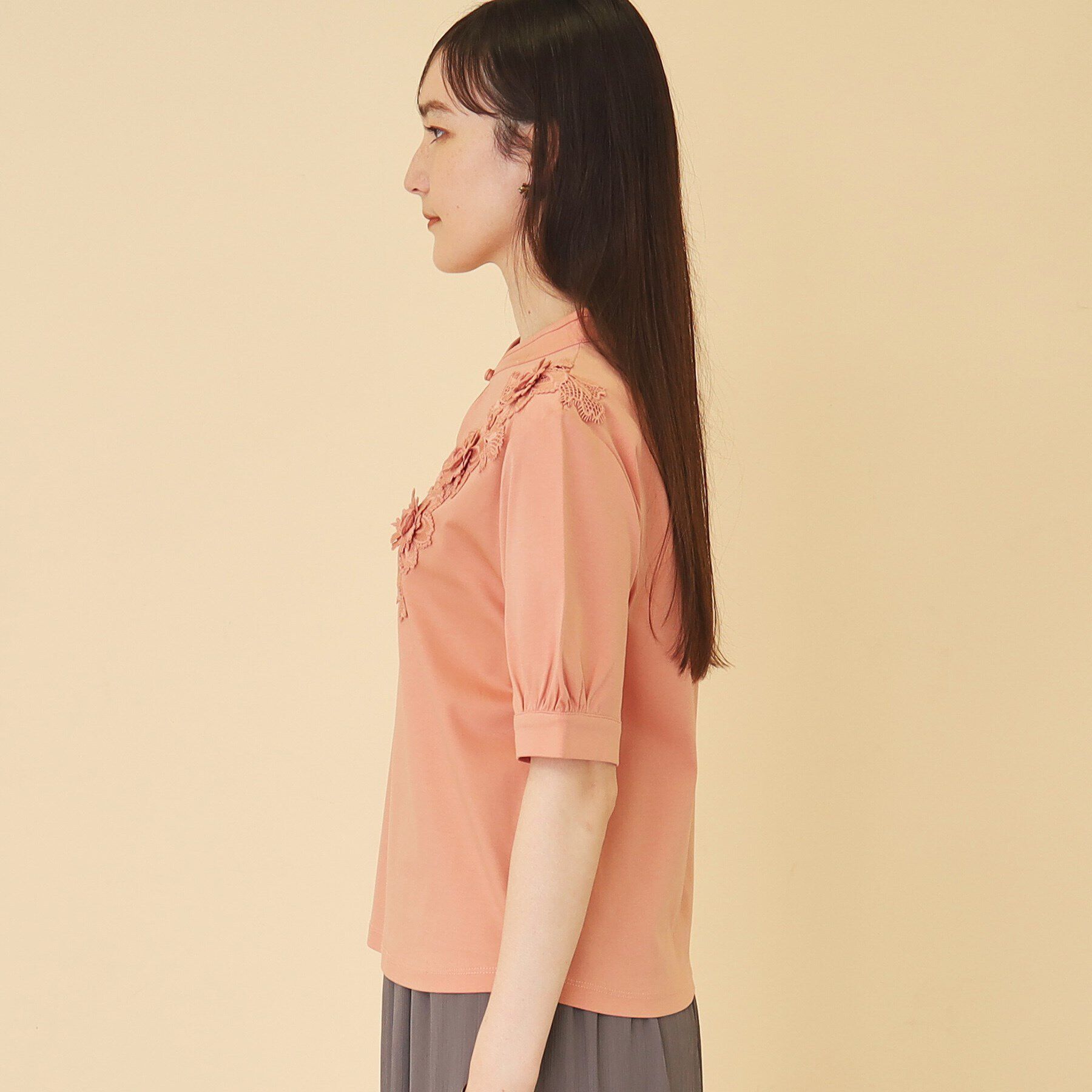 SunaUna「【新色ネイビー追加／チャイナカラー】5分袖カットソー」|Tシャツ・カットソー|