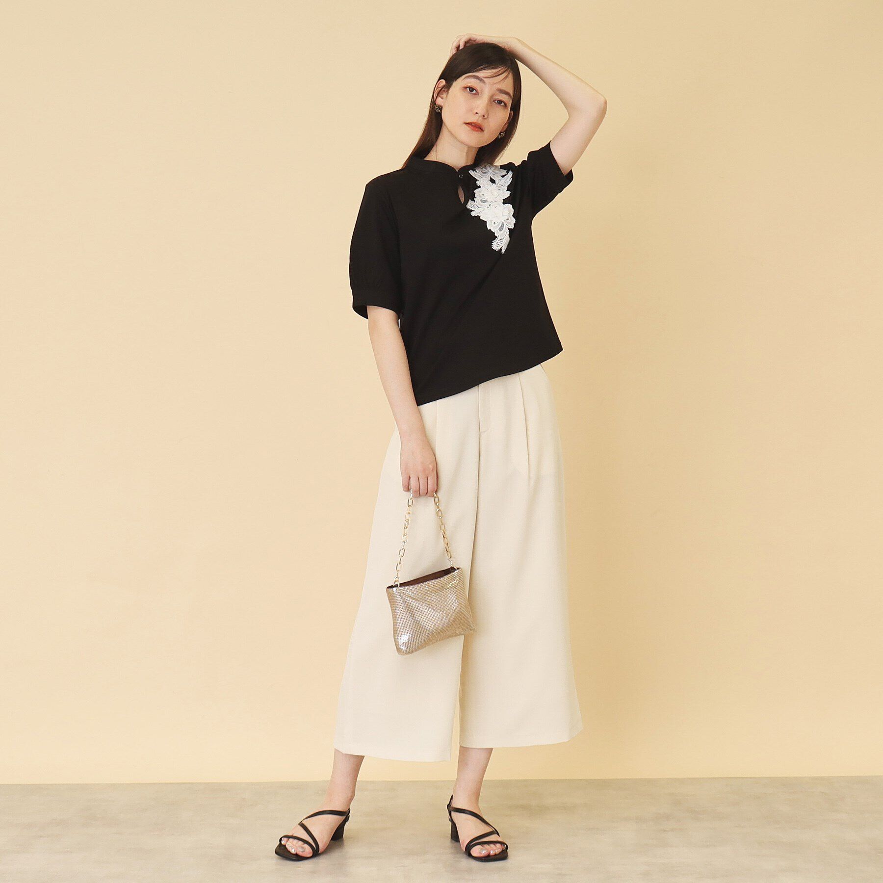 SunaUna「【新色ネイビー追加／チャイナカラー】5分袖カットソー」|Tシャツ・カットソー|