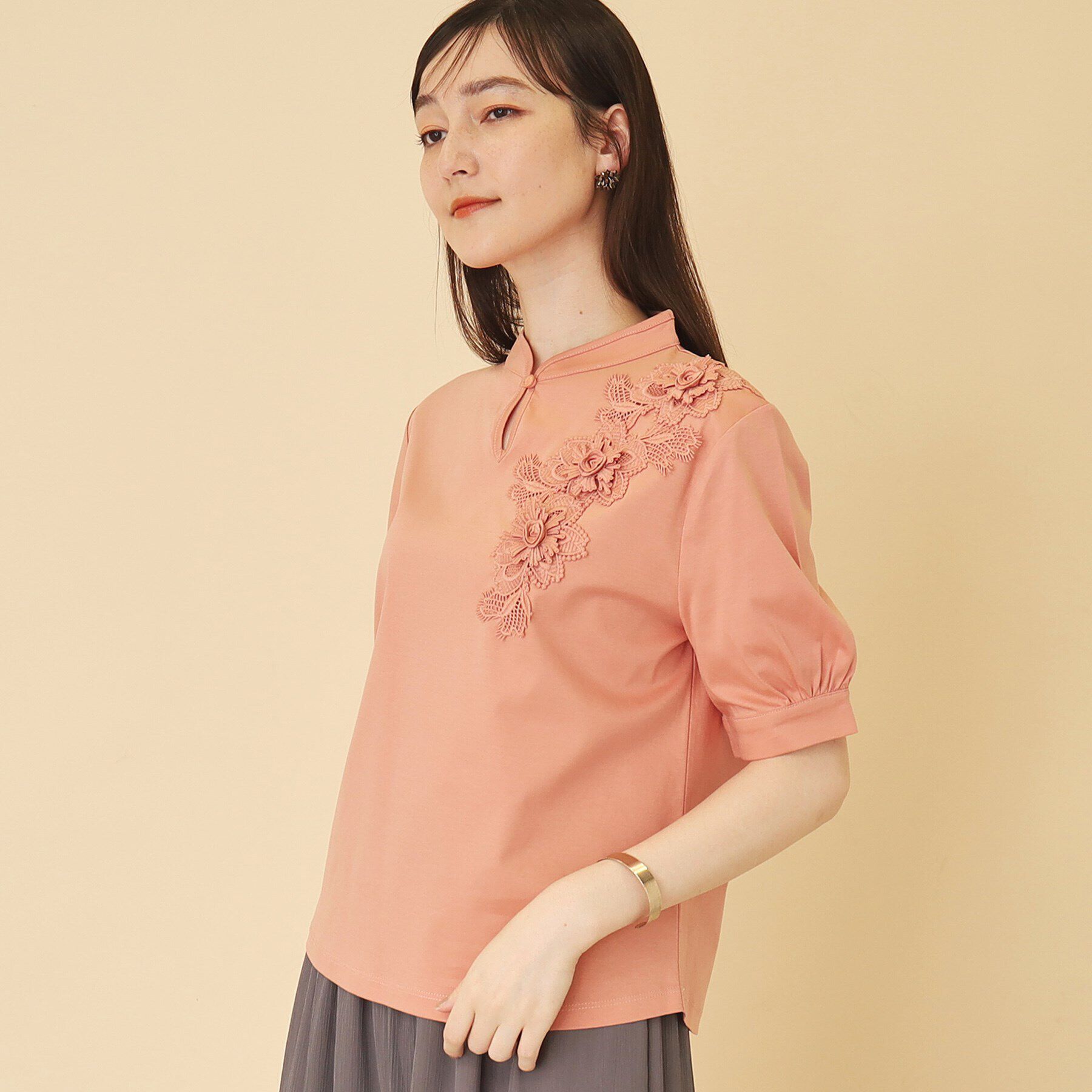 SunaUna「【新色ネイビー追加／チャイナカラー】5分袖カットソー」|Tシャツ・カットソー|ｵﾚﾝｼﾞ(066)