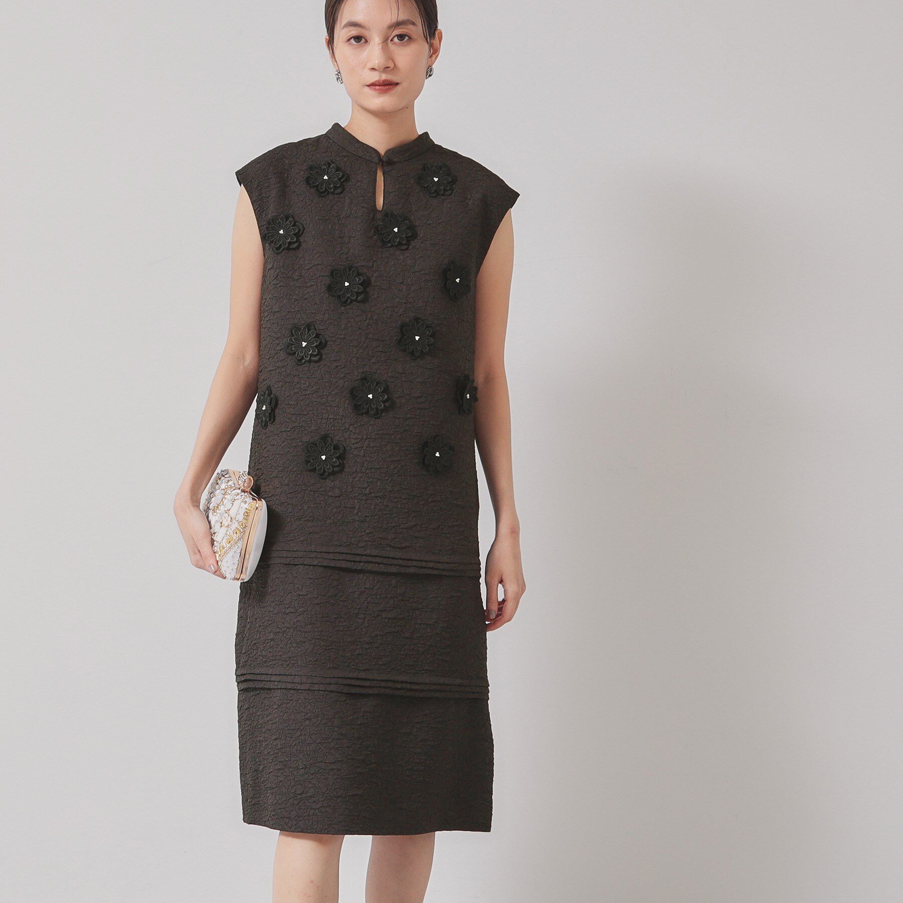 SunaUna「【お花モチーフ／チャイナカラー】タック切替ワンピース」|ワンピース|