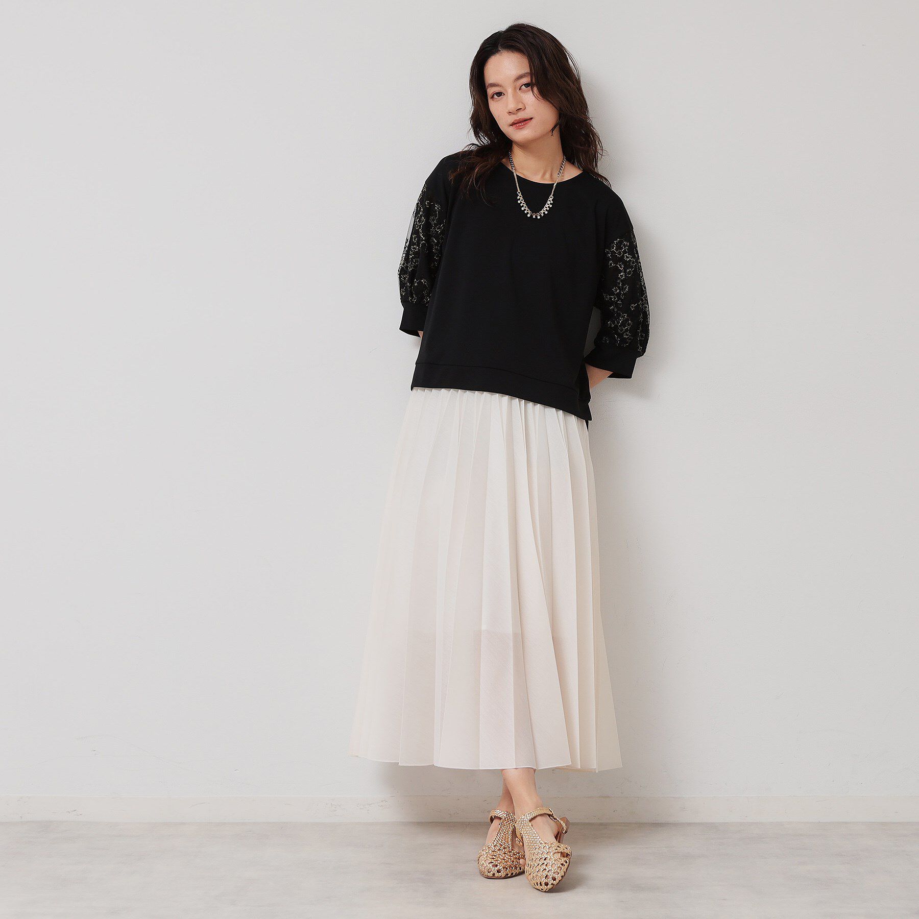 SunaUna「【チュール刺繍／7分袖】華やかプルオーバー」|Tシャツ・カットソー|