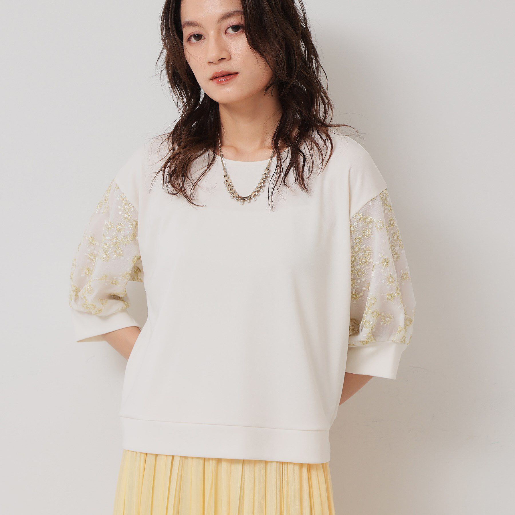 SunaUna「【チュール刺繍／7分袖】華やかプルオーバー」|Tシャツ・カットソー|