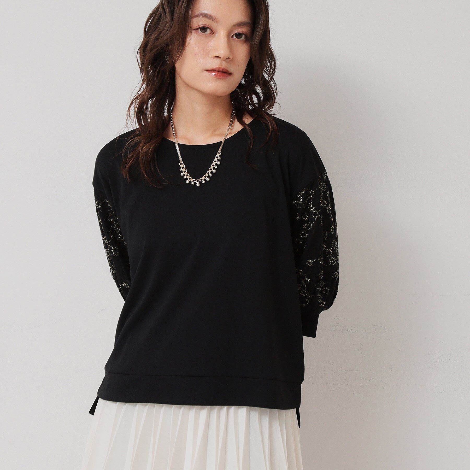 SunaUna「【チュール刺繍／7分袖】華やかプルオーバー」|Tシャツ・カットソー|