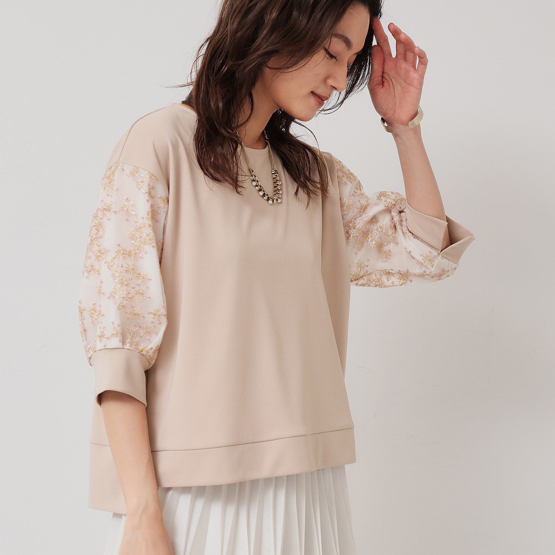 SunaUna「【チュール刺繍／7分袖】華やかプルオーバー」|Tシャツ・カットソー|ピンク(071)