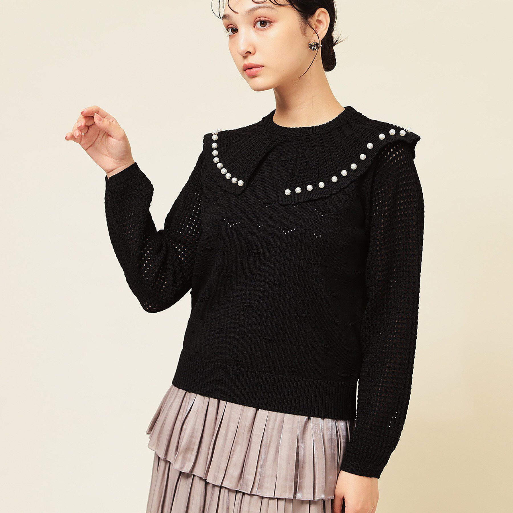 SunaUna「【COLLECTION LINE】透かしパール調ニット」|ニット・セーター|ブラック(019)