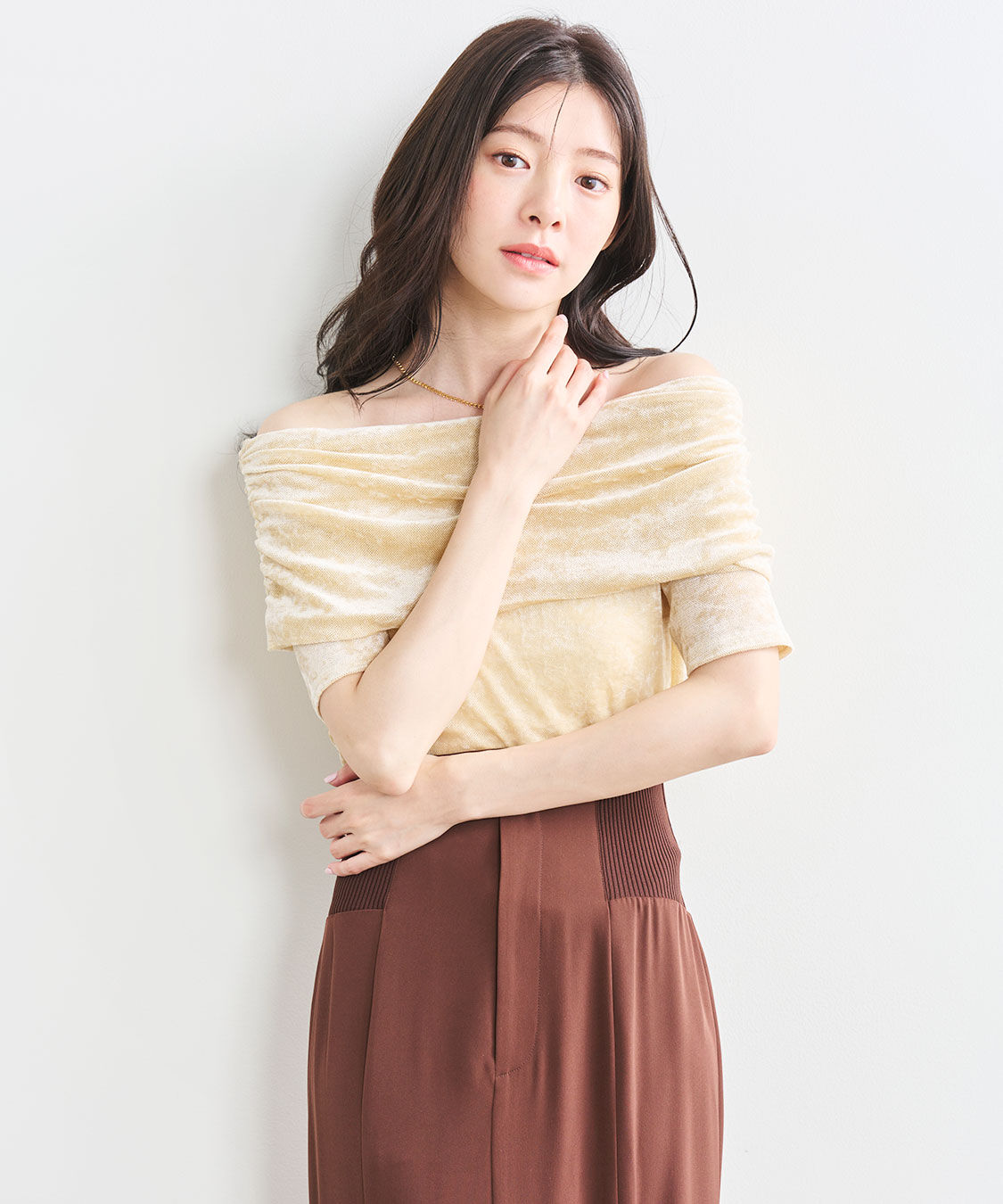 COCO DEAL「オフショルダーメッシュベロアトップス」|オフショルダー|