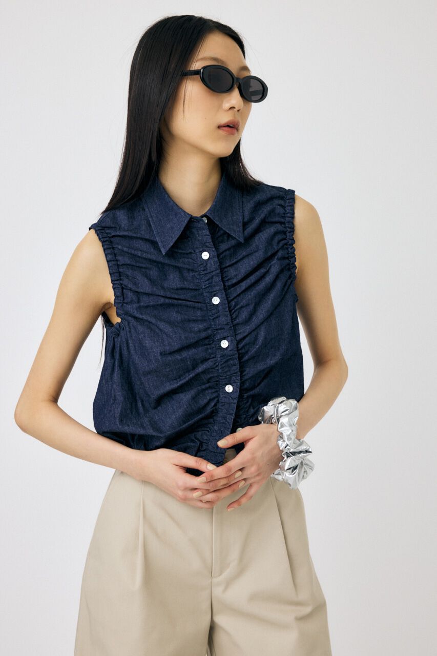MOUSSY「GATHER SLEEVELESS デニムシャツ」|シャツ・ブラウス|