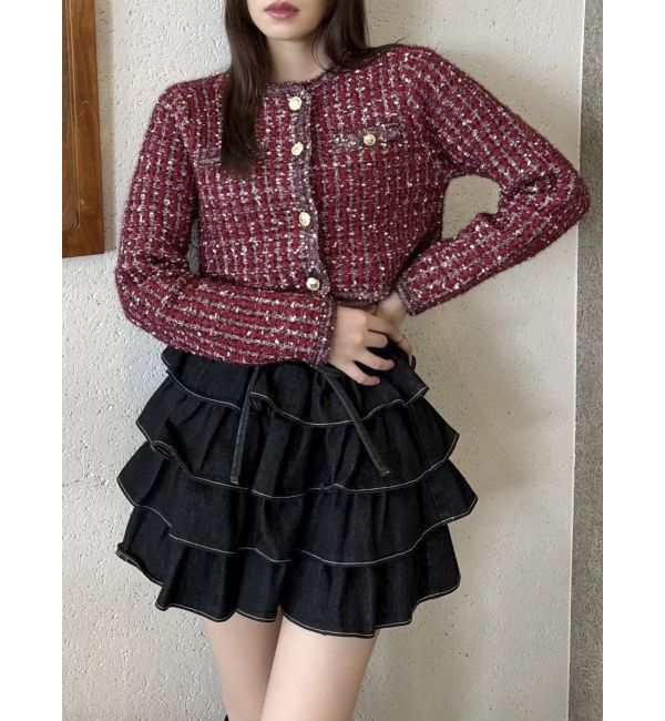 dazzlin「【SETUP】ツイードライクショートニットジャケット※セットアップ対応」|ノーカラージャケット|