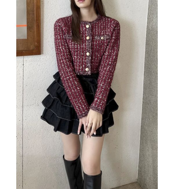 dazzlin「【SETUP】ツイードライクショートニットジャケット※セットアップ対応」|ノーカラージャケット|