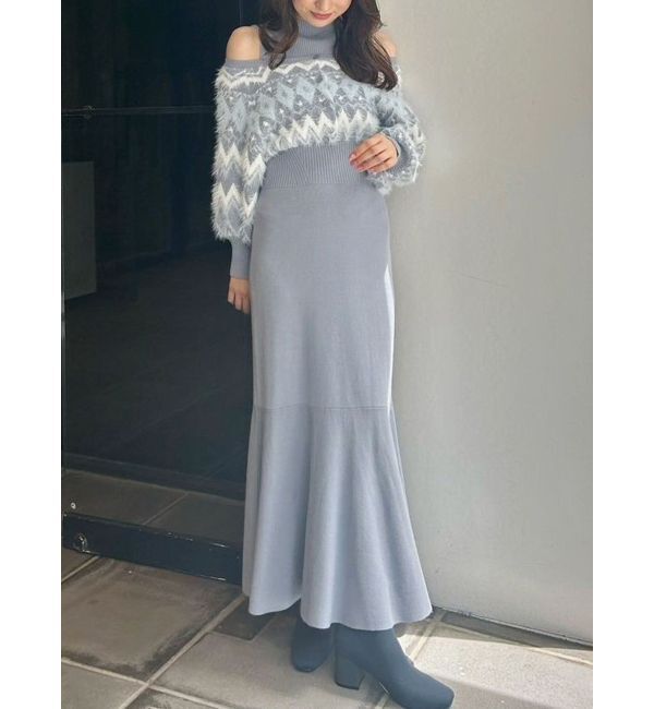 MERCURYDUO「ノルディックジャカードドッキングニットワンピース」|ワンピース|ブルー