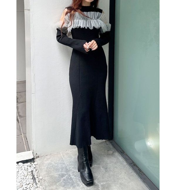 MERCURYDUO「チュールドッキングフレアマーメイドワンピース」|ワンピース|ブラック