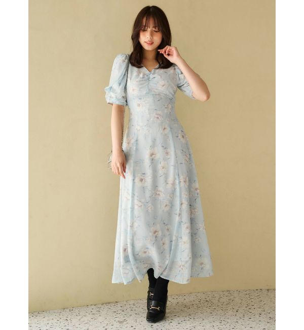 MERCURYDUO「フラワーギャザースリーブワンピース」|ワンピース|アイスブルー