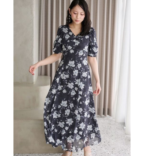 MERCURYDUO「フラワーギャザースリーブワンピース」|ワンピース|ネイビー