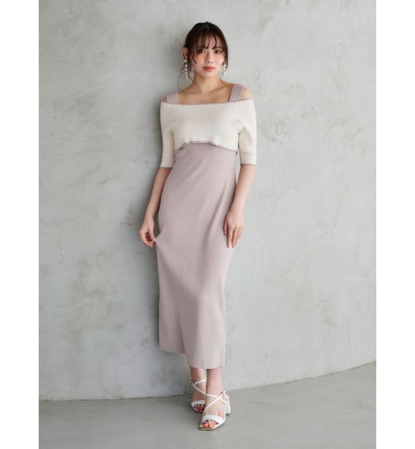 MERCURYDUO「3WAY配色ストラップバッククロスハーフスリーブワンピース」|ワンピース|ベージュ