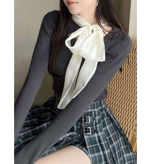 MERCURYDUO「異素材リボンカットアウトニット」|ニット・セーター|