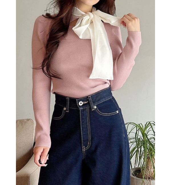 MERCURYDUO「異素材リボンカットアウトニット」|ニット・セーター|