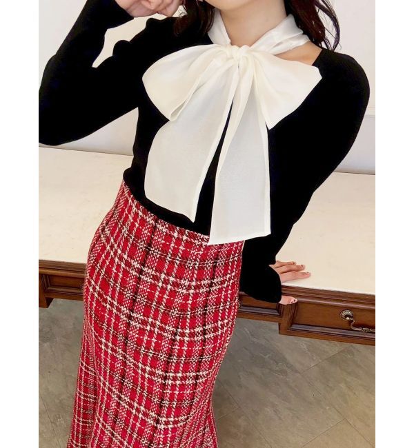 MERCURYDUO「異素材リボンカットアウトニット」|ニット・セーター|