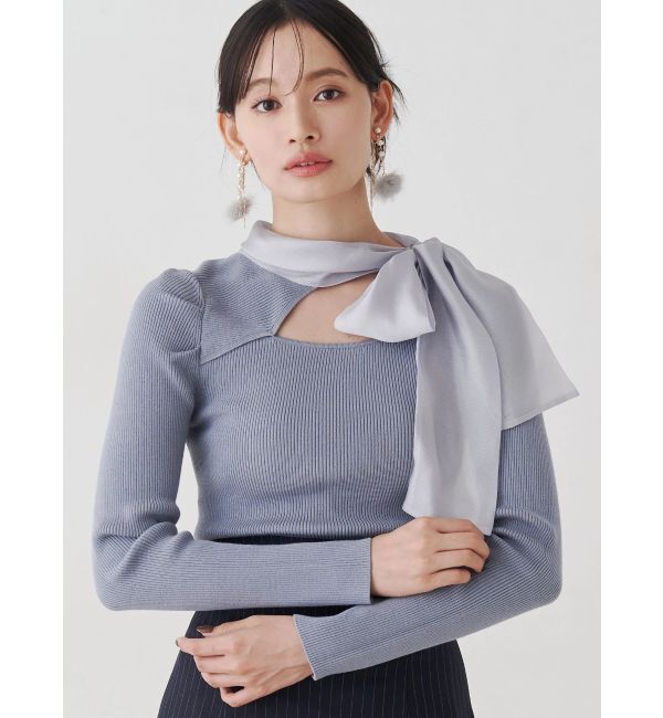MERCURYDUO「異素材リボンカットアウトニット」|ニット・セーター|ブルー