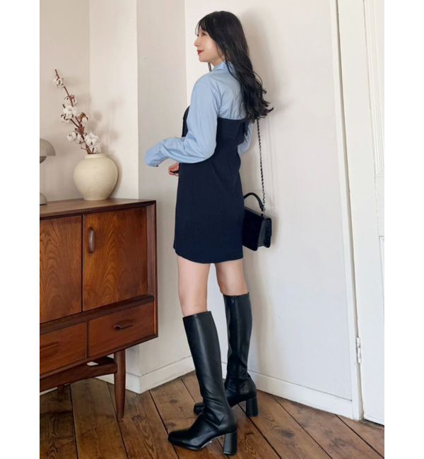 MERCURYDUO「【WEB限定カラーあり】シャツレイヤード風ニットドッキングミニワンピース」|ワンピース|