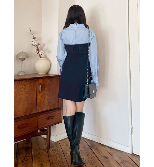 MERCURYDUO「【WEB限定カラーあり】シャツレイヤード風ニットドッキングミニワンピース」|ワンピース|