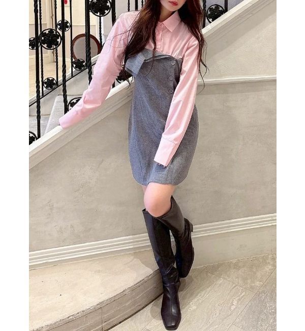 MERCURYDUO「【WEB限定カラーあり】シャツレイヤード風ニットドッキングミニワンピース」|ワンピース|