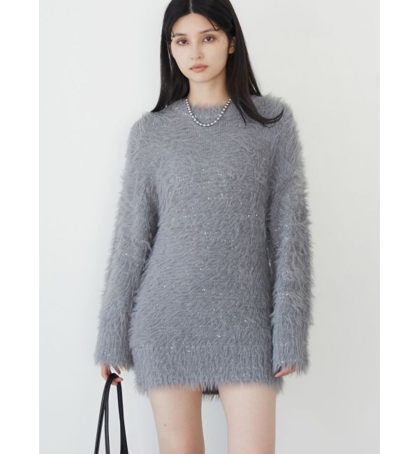 MURUA「スパンコールフェザーニットミニワンピース」|ワンピース|グレー