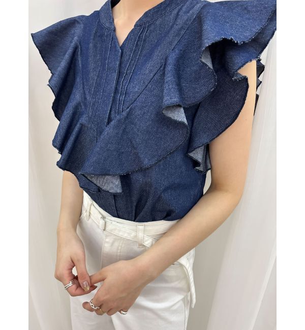 LAGUNAMOON「【Leeコラボ】Vネックフリルタックブラウス」|シャツ・ブラウス|インディゴ