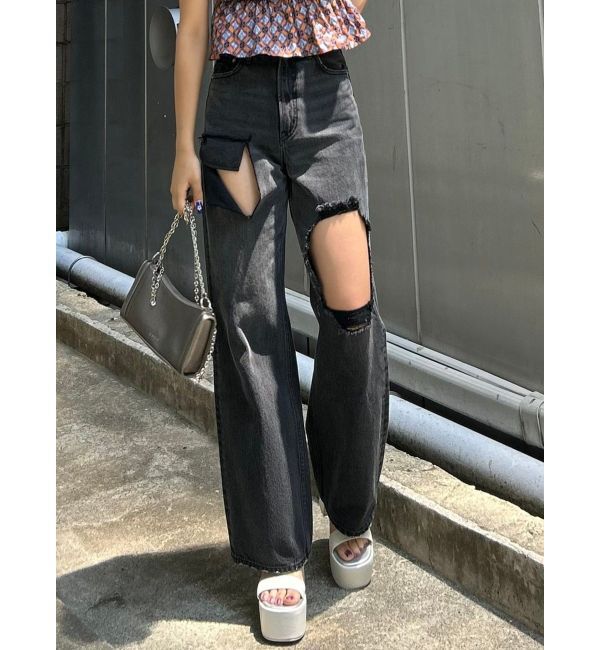 EVRIS「スクエアダメージワイドパンツ」|デニム|ブラック