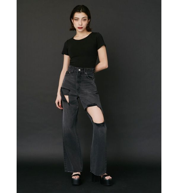 EVRIS「スクエアダメージワイドパンツ」|デニム|