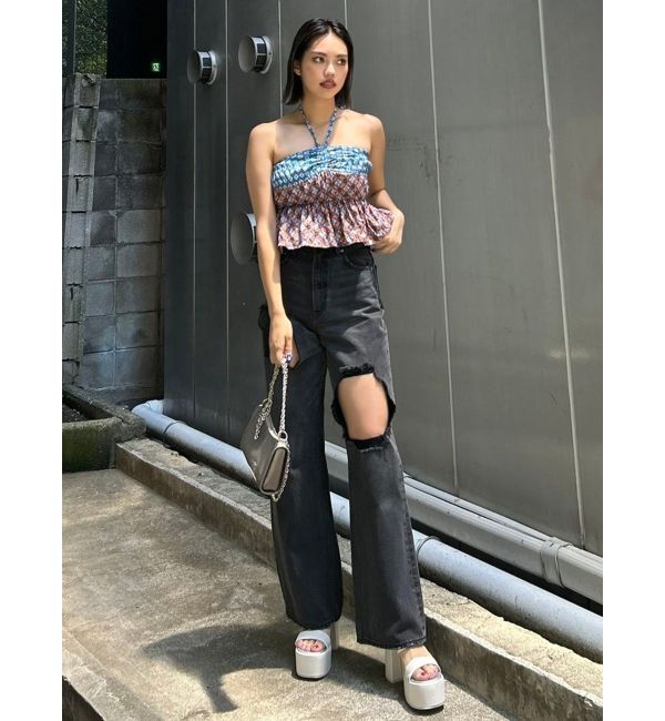 EVRIS「スクエアダメージワイドパンツ」|デニム|