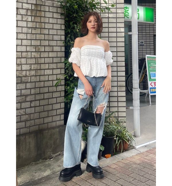 EVRIS「スクエアダメージワイドパンツ」|デニム|