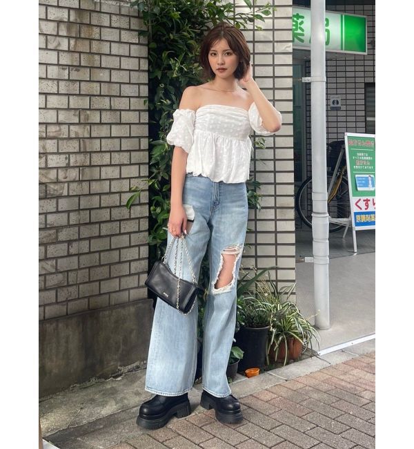 EVRIS「スクエアダメージワイドパンツ」|デニム|