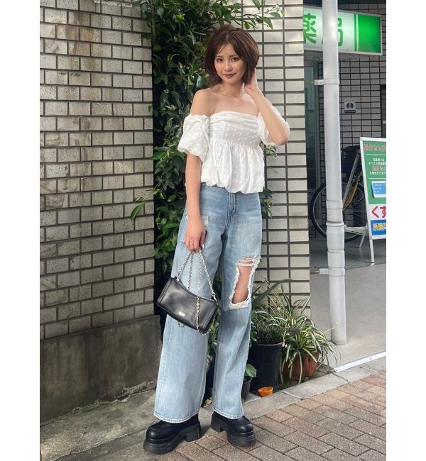 EVRIS「スクエアダメージワイドパンツ」|デニム|