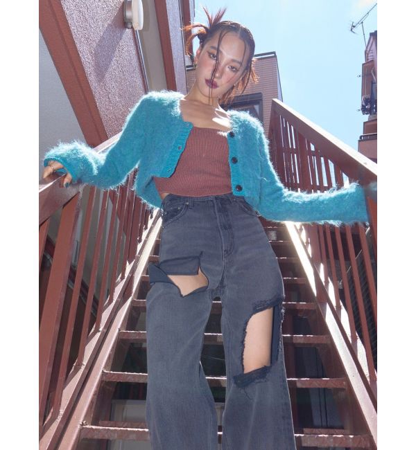 EVRIS「スクエアダメージワイドパンツ」|デニム|