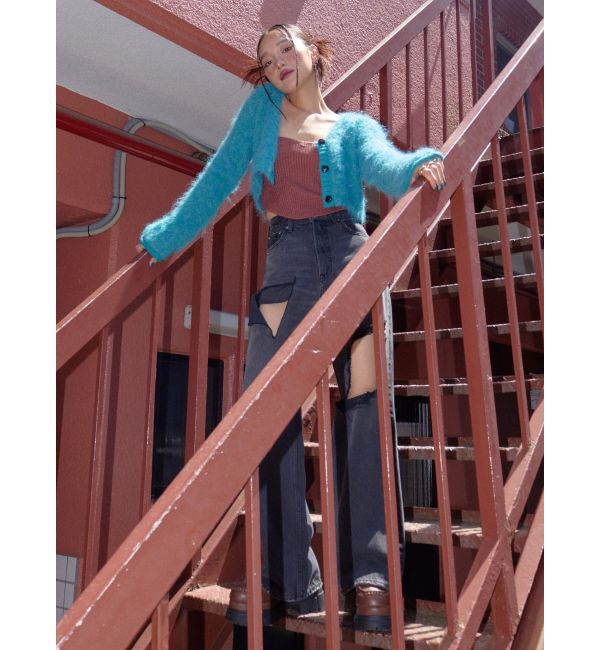 EVRIS「スクエアダメージワイドパンツ」|デニム|